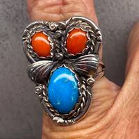Vintage Native American Turquoise & Coral Stones Owl Design Ring, Sterling, Sz. 8.5,7.5Gr.