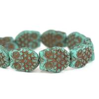 Czech Glass Horned Owl Beads - Bird Beads - Turquoise Opaque with Dark Bronze Wash - 18x15mm - 10 Be
