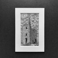 Wheal Owles Mine, St Just, Art print of an ink drawing of the tin mine under a starry sky, cornish g