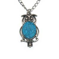 Vintage Fuller Silver Tone and Faux Turquoise Owl Pendant on 30 Silver Tone Chain. "F" in