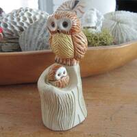 Owl Mom and Baby Stoneware Figurines on a Stump Collectible Mom and Baby Heart on bottom