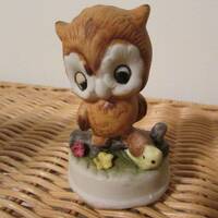 Vintage Bone China Baby Owl Looking at a Snail