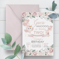 Pink Owl Birthday Invitation: Floral Girl Party (Editable Template)