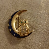 Moon and owl vintage brooch green eyes and blue enamel