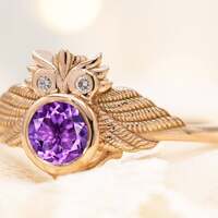 Art Deco Owl Amethyst Engagement Ring Unique Amethyst Wedding Ring 14k Gold Vintage Bridal Promise R