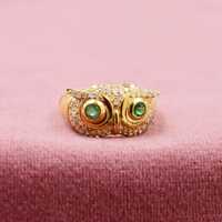 925 Silver Owl Ring, 14k Yellow Gold Plated Diamond Owl Ring, Emerald Eye Owl Ring, Women's Diam