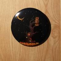 Cute Owl in Tree Pinback Button Pin, Spooky Celestial Autumn Night, crescent moon, starry evening, f