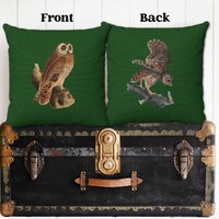 Owl Pillow Covers Vintage Artwork Reversible with Green Background in 4 Sizes, Owl Decor, Owl Throw 