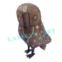 Handmade Wooden Owl Statue with Brass Jewelry Inlay