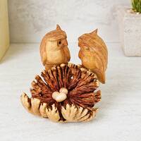 Wooden Owl on the Nest Decor, Bird Love Sculpture, Wood Carving, Couple Figurine, Ornament, Room Dec