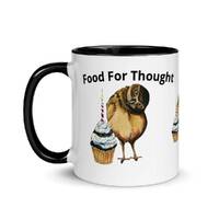 Ceramic Owl Mug, Coffee Cup Gift, Food For Thought Original Art For Her or Him with Color Inside