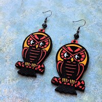 Vintage Halloween Owl Earrings: Hand-Painted Die Cut Jewelry