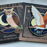 Barn Owl & Great Horned Owl hard enamel pins glow-in-the-dark