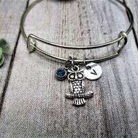 Owl Charm Bracelet W/ Birthstone Owl Lovers Initial Bangle Bracelet Animal Jewelry Gift for Her Birt