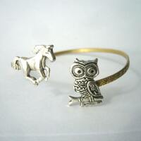 owl cuff bracelet with a horse, wrap style, animal bracelet, charm bracelet, bangle