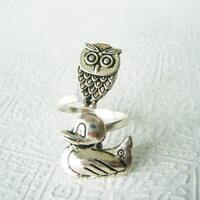 silver owl ring with a duck