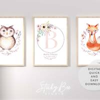 Owl and fox boho woodland nursery birth print, Floral monogram letter nursery print, Nursery art pri