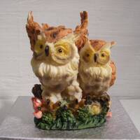 2 Open Winged Owls Together Light Brown Colored Vintage Figurine Statue #76