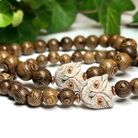 Nature Lover Owl Bracelet - Natural Wenge or Ebony Wood with Copper - Lightweight Stretch Bracelet