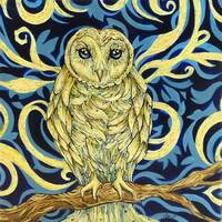 Original Barn Owl Illustration | Small 20 X 20 cm Acrylic Painting On Canvas | Blue and Pale Yellow 