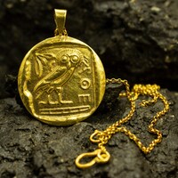 Ancient Greek Owl Gold Signet Coin Pendant | 24K Gold Plated 925 Sterling Silver | Athena Goddess Ne