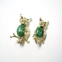 Vintage Gerry's Horned Owl Brooch Set of 2 - Gold Tone and Green Speckled Stone Belly Cabochon S