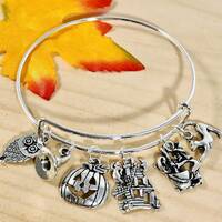 Halloween Witches Brew Pumpkin Haunted House Cat Owl charm Expandable Bangle Bracelet