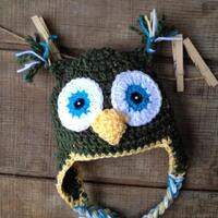 Speckled Green Owl Hat, Crochet Owl with Earflaps Childs Hat