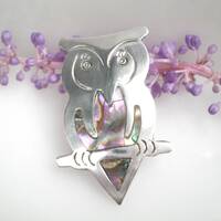 Vintage Mexico 925 Sterling Silver Abalone Shell Owl Brooch Pin