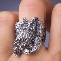 Owl ring, Sterling silver bird ring, Forest ring, Heavy silver statement ring, Owl lovers gift, Wood
