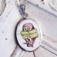 Broken China Jewelry Beatrix Potter Squirrel Nutkin Owl II Oval Sterling Pendant