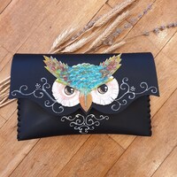 Owl leather purse, Black leather bag with owl, Black leather clutch, Best gift for her, Halloween Gi