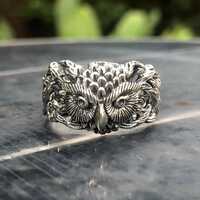 Handcrafted 925 Sterling Silver Owl Wood Style Ring