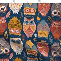 Owls Fabric - I Give A Hoot By Fineapple Pair - Owls Rustic Floral Rust Red Navy Blue Bird Night Cot