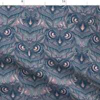 Nocturnal Animals Fabric - Owls At Night By Stacystudios - Blue Bird Forest Animal Tribal Lunar Cott