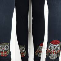 Plus Size Full Length Leggings Embellished Iridescent Black Rhinestone & Stud Christmas Owls Des