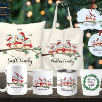 Christmas Owl Mug | Personalised Owl Family | Custom Christmas Cushion | Custom Family Bauble  | Per