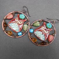 Ceramic Owl Earrings: Wire Wrapped Copper Hoop, Czech Glass Leaf