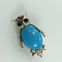 Vintage Pin Brooch Gold Toned Owl On Branch Design With Orange Green Rhinestones Faux Blue Stone Mis