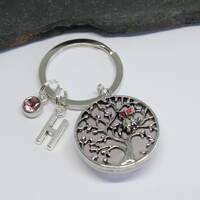 Rose Quartz Owl in Tree Keyring, Personalised Owl Keyring, Personalised Initial Birthstone Owl Keyri