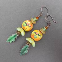 Boho Owl Earrings: Polymer Clay, Enamelled Copper Oak Leaf, Czech Glass