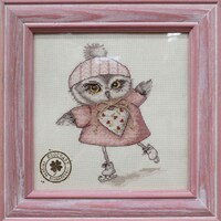 Minimalist Brown Owl Skating Cross-stitch kit on Aida 27 count canvas. Christmas Cross Stitch Kit Ne