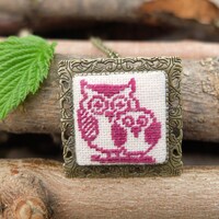 Embroidered Owl Necklace: Burgundy Cotton Pendant Brooch