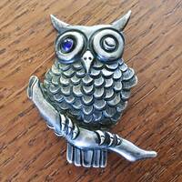 LOS CASTILLO Vintage Sterling Silver Blue Glass Owl Pin Brooch Taxco 415 Made in Mexico 31 grams