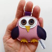 Handmade Leather Owl Keychain: Pink & Purple Recycled Leather Keyring