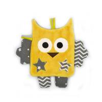 Doudou plat peluche hibou, tissu coton minky polaire, gris jaune, pois étoiles, hauteur 20 cm