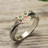Gold Owl on Silver Branch Engagement Ring with Emeralds & Cubic Zirconia, Bird on Twig Ring, For