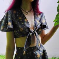 1970s Inspired Owl Crop Top / Tie Front Dark Academia Shirt / Handmade Halloween  Slow Fashion / Eco