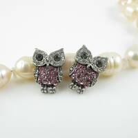 Pink Rhinestone Owl Stud Earrings, Bird Post Earrings, Halloween, Autumn, Fall, Bird Jewelry