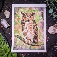 Fine Art Giclee Print "Great Horned Owl", Owl Watercolor Print, Grungy Watercolor, Witchy 